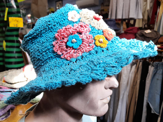 Hand Woven Wide Brimmed Hemp Hat - Blue