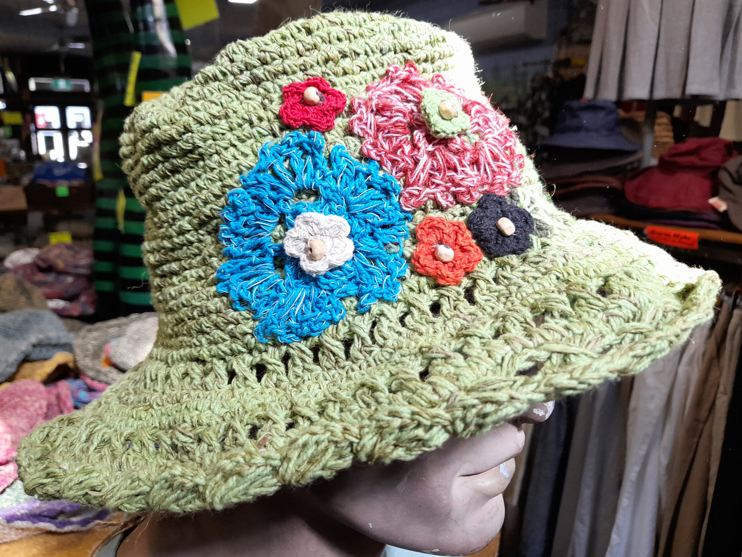Hand Woven Wide Brimmed Hemp Hat - Green