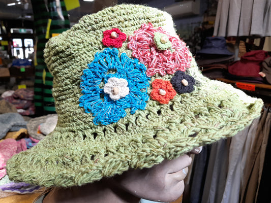 Hand Woven Wide Brimmed Hemp Hat - Green