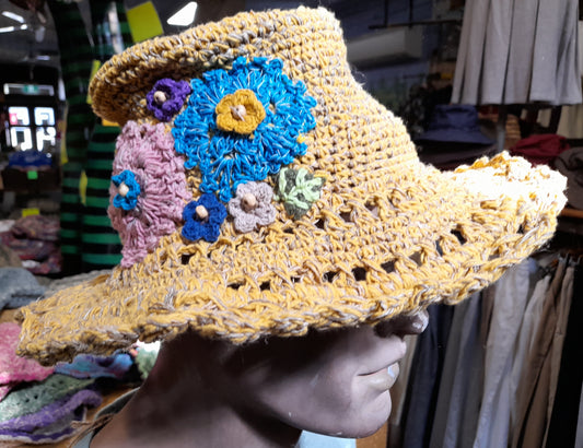 Hand Woven Wide Brimmed Hemp Hat - Yellow