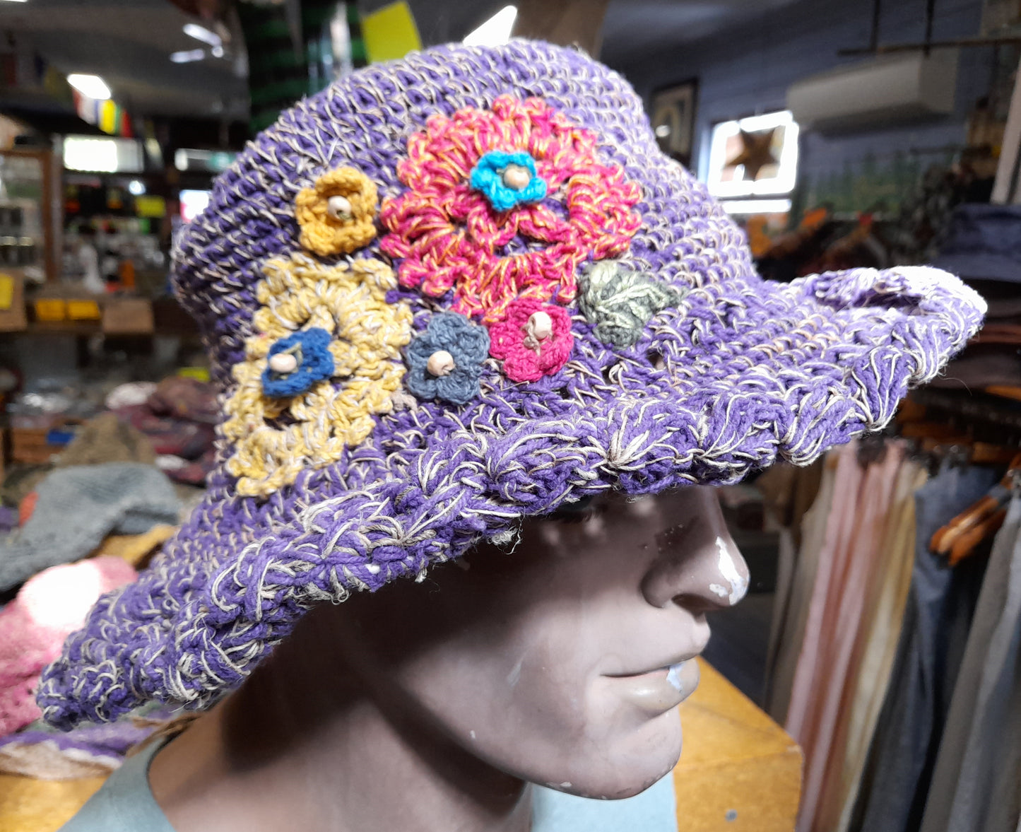 Hand Woven Wide Brimmed Hemp Hat - Purple