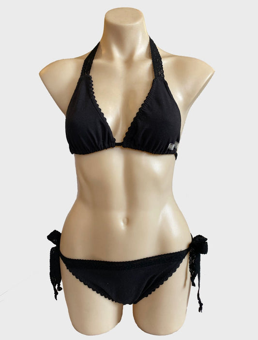 Black Hemp String Bikini with Black Lace Trim