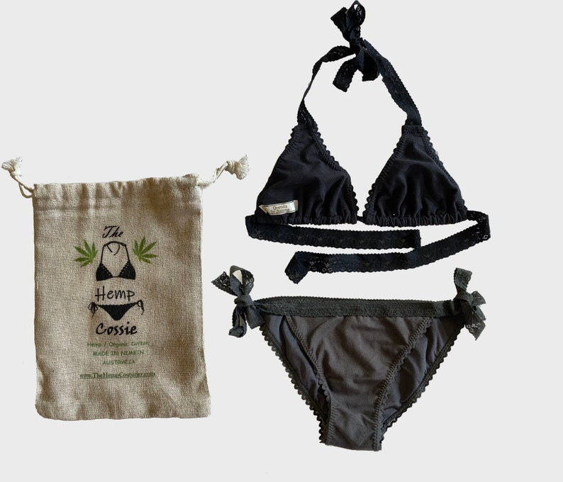 Black Hemp String Bikini with Black Lace Trim