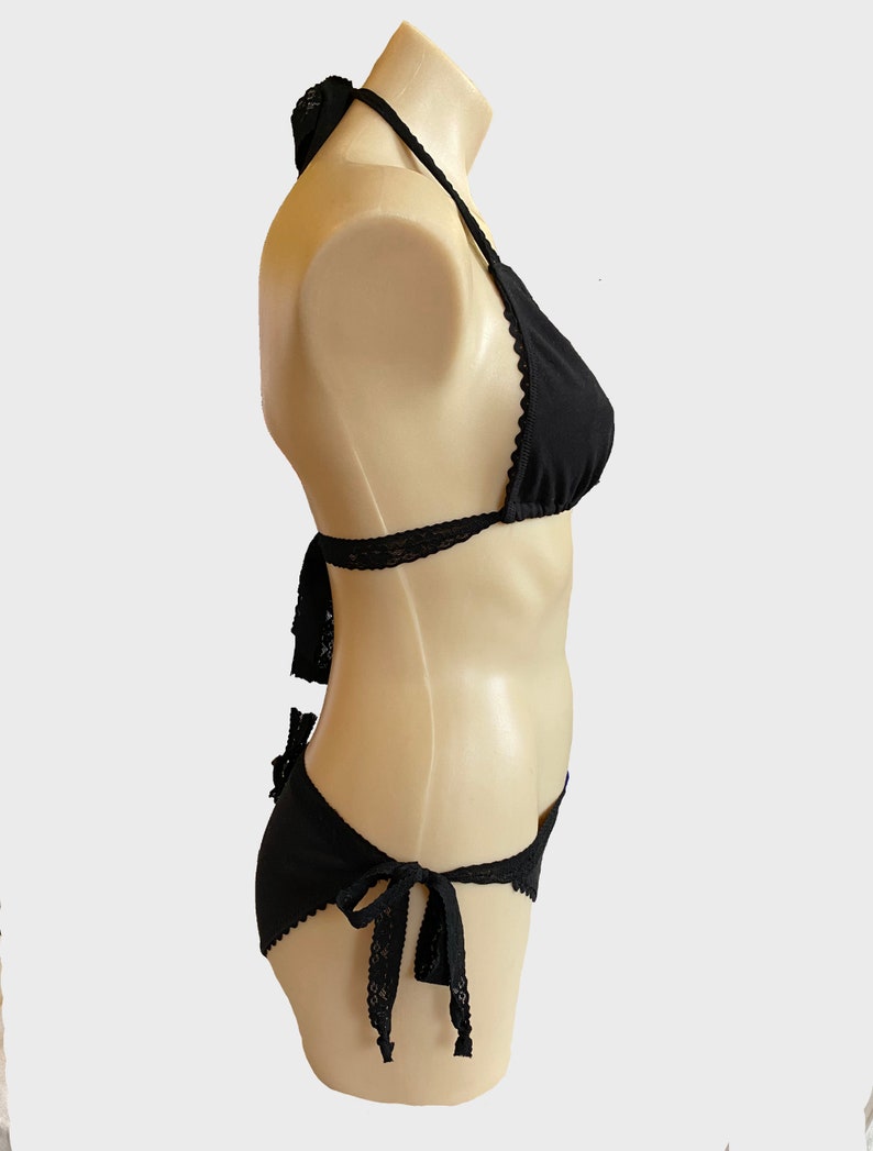 Black Hemp String Bikini with Black Lace Trim